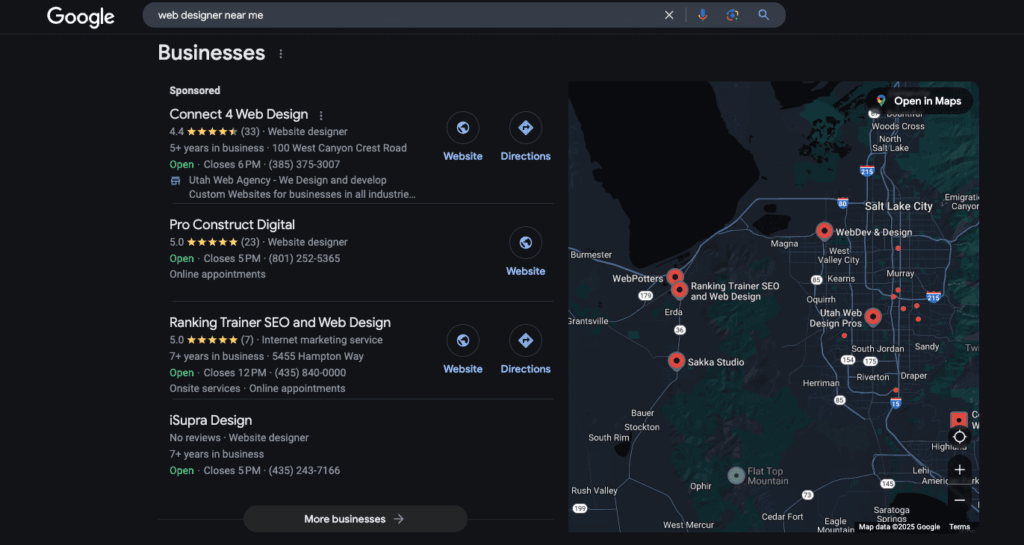 Example of Googles local map pack and ranking for local searches.