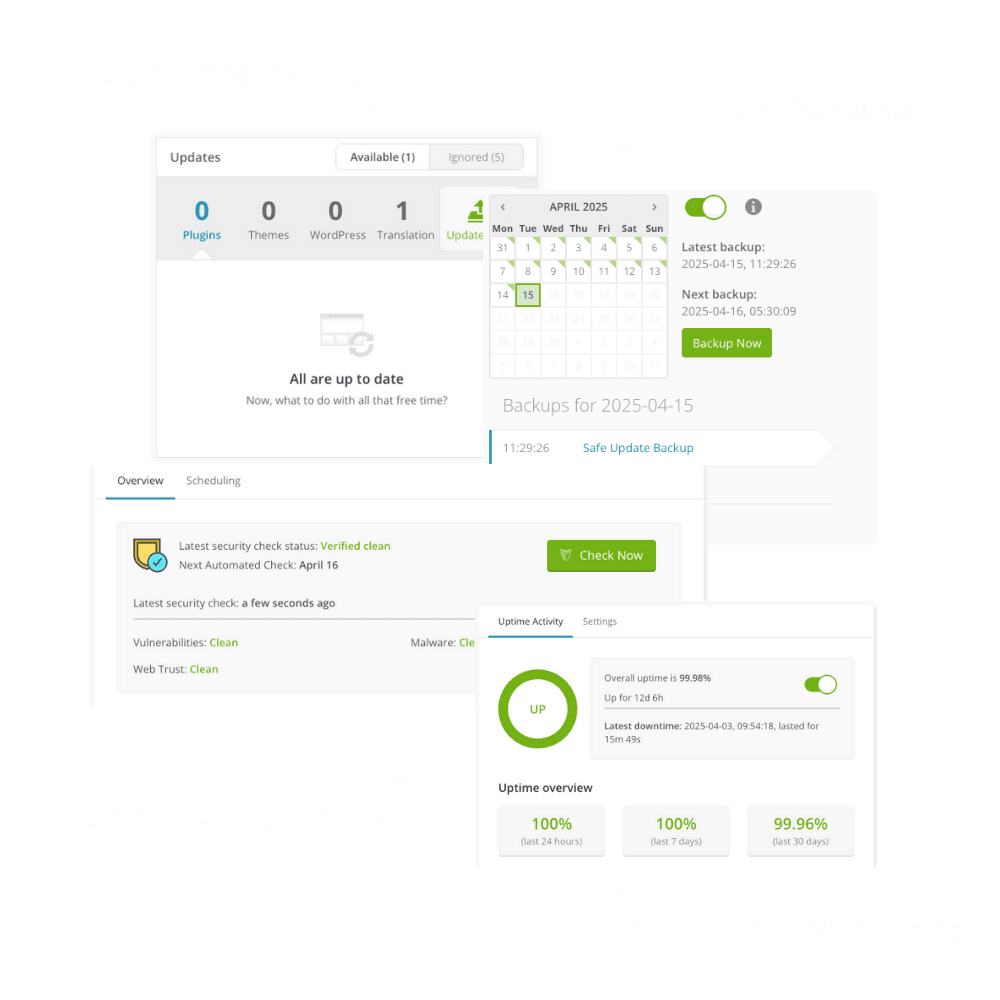 Website maintenance features including updates, backups, and security scanning.